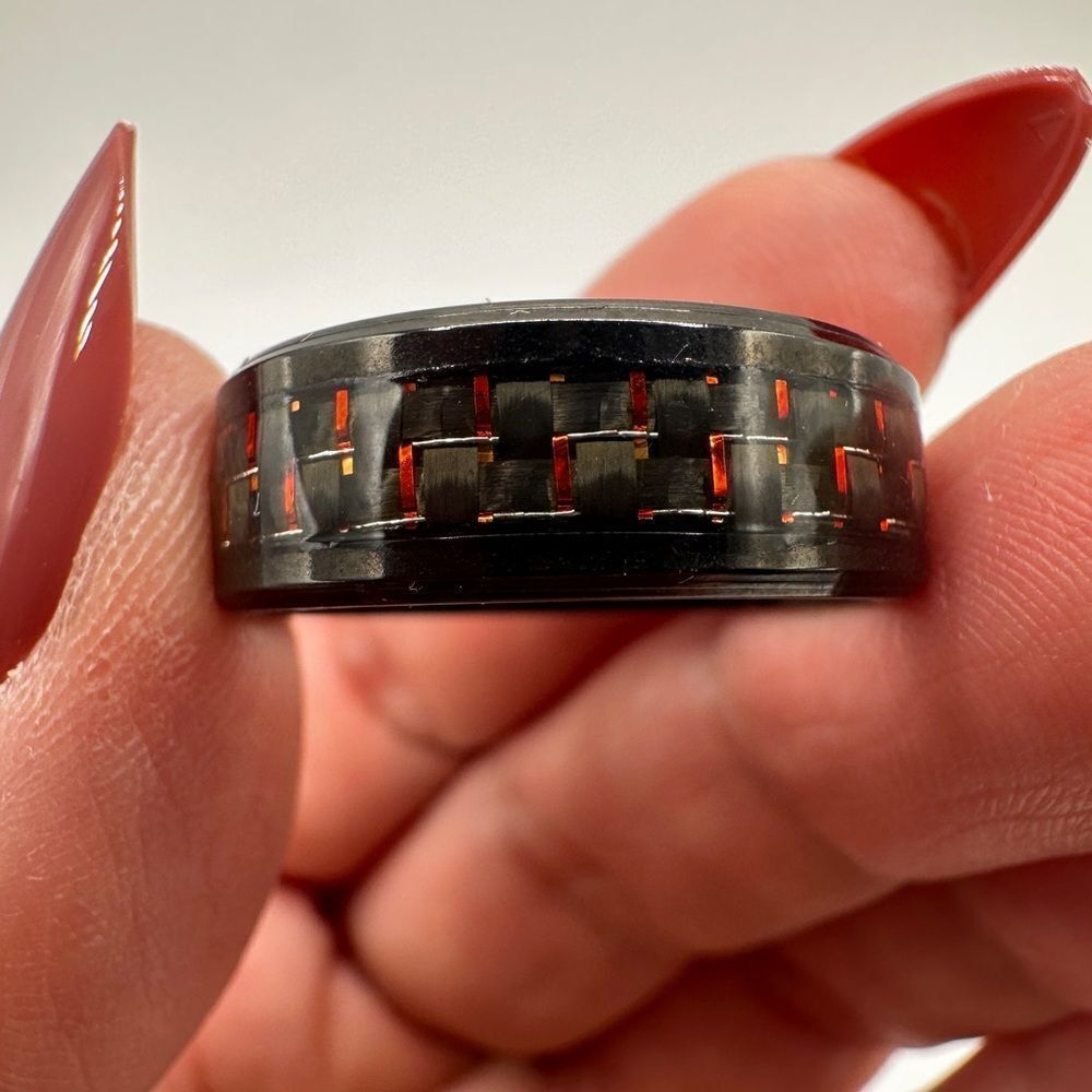 Men's 11.75 black toned‎ metal with woven design in red, ring/wedding band!